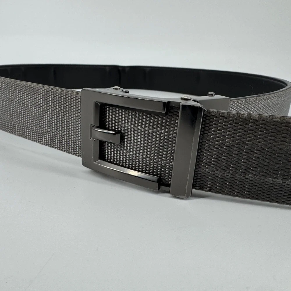Kore Essentials Mens Ratchet Belt Black Vegan Leather 35 Nylon Gunmetal Buckle